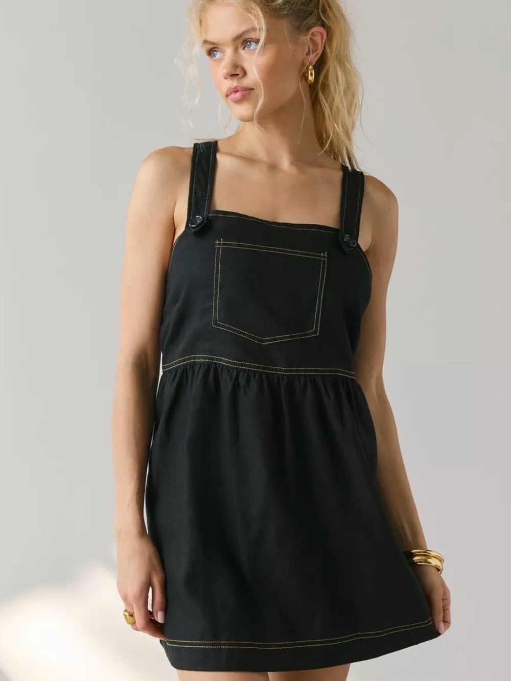 Urban Renewal Black Linen Overall Pinafore Dress XL Babydoll Vintage Preppy Chic